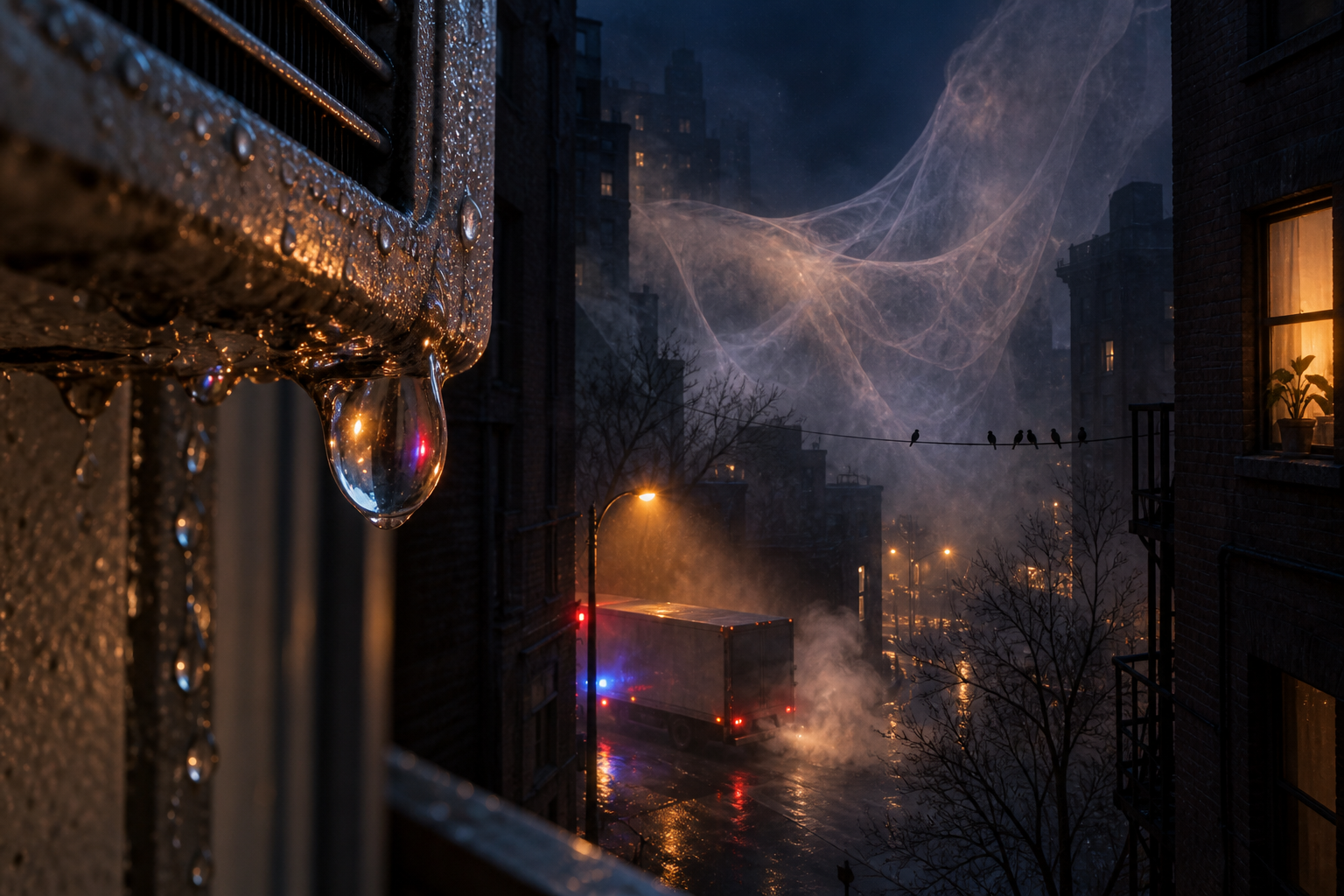 An imagined lung of translucent light hangs between buildings, beyond a water droplet and a truck exhaling into the street.