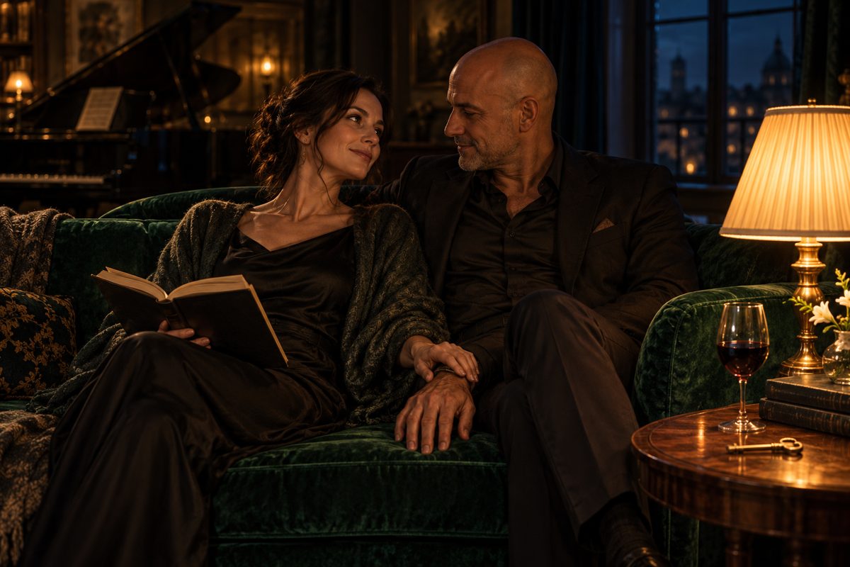 Two mature adult lovers share an open book and lamplight on a velvet sofa, with a piano behind them.