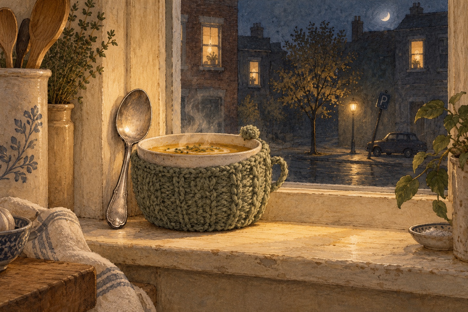 A silver spoon and a bowl of soup in a knitted cozy share a windowsill at night.