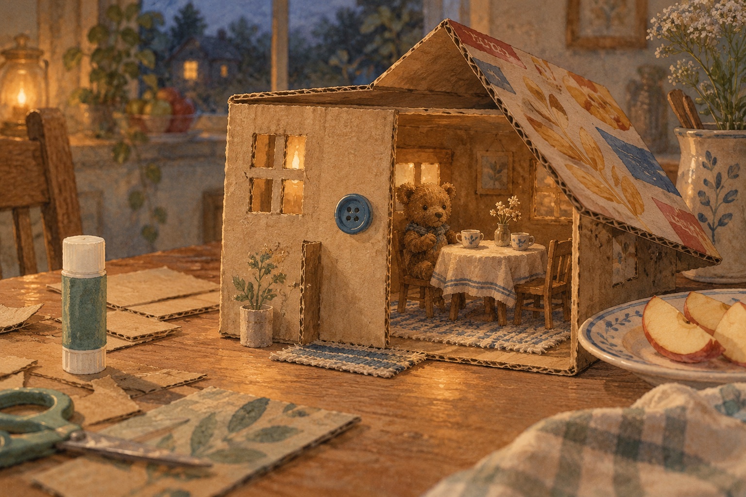 A blue button beside the door of a cardboard house, with a toy bear inside.