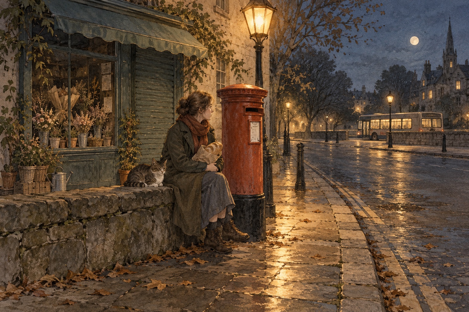 A woman holding bread sits beside a red postbox beneath a streetlamp.
