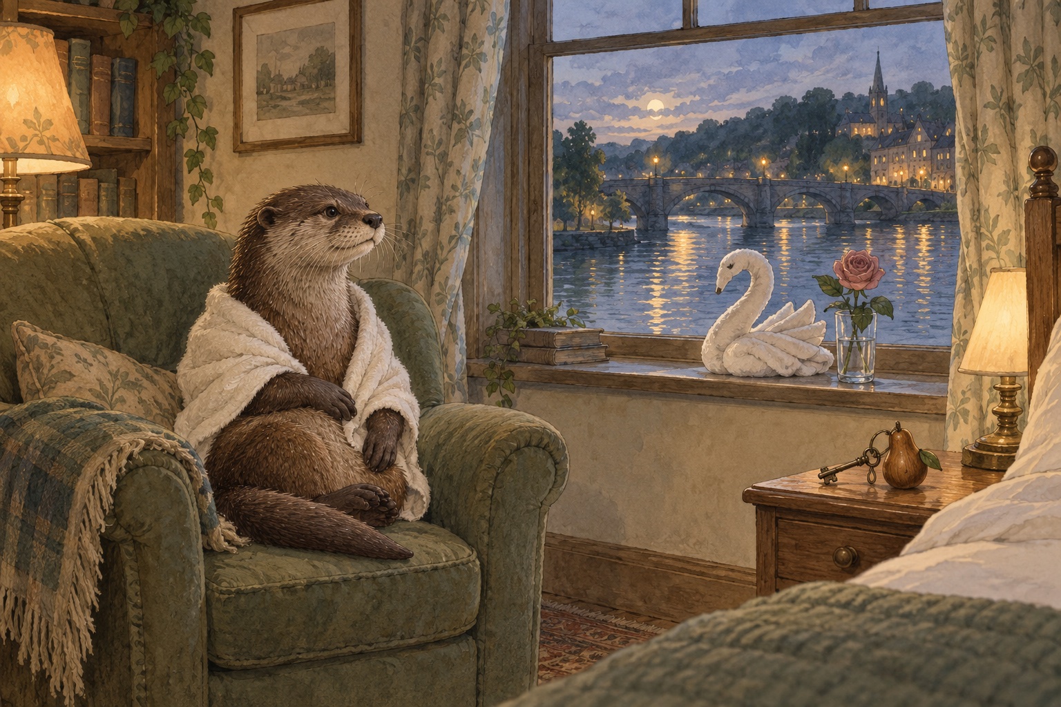An otter wrapped in a towel rests by a window with a towel swan and a rose.