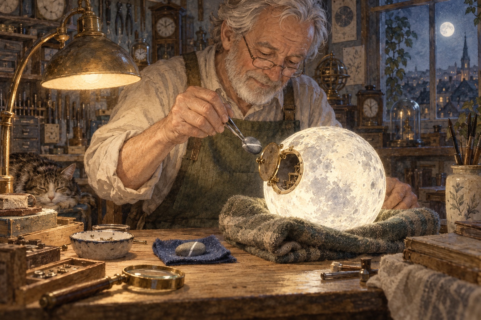 A repairman tends a luminous moon beside a striped pebble on blue felt.