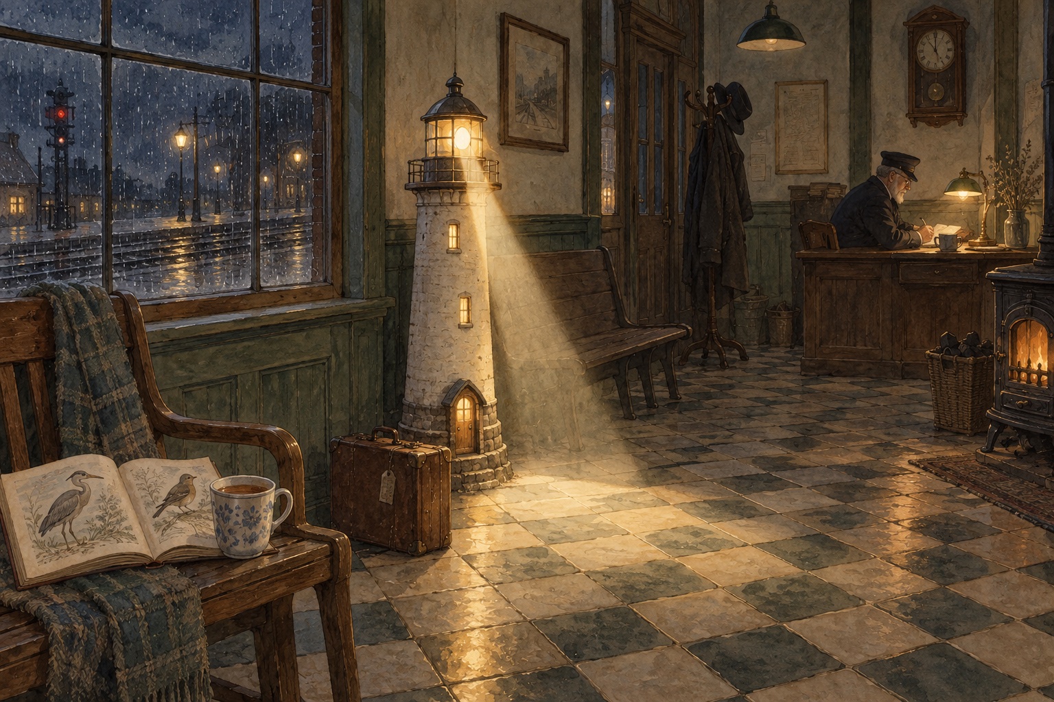 A small lighthouse waits with a suitcase and bird book in a railway waiting room.