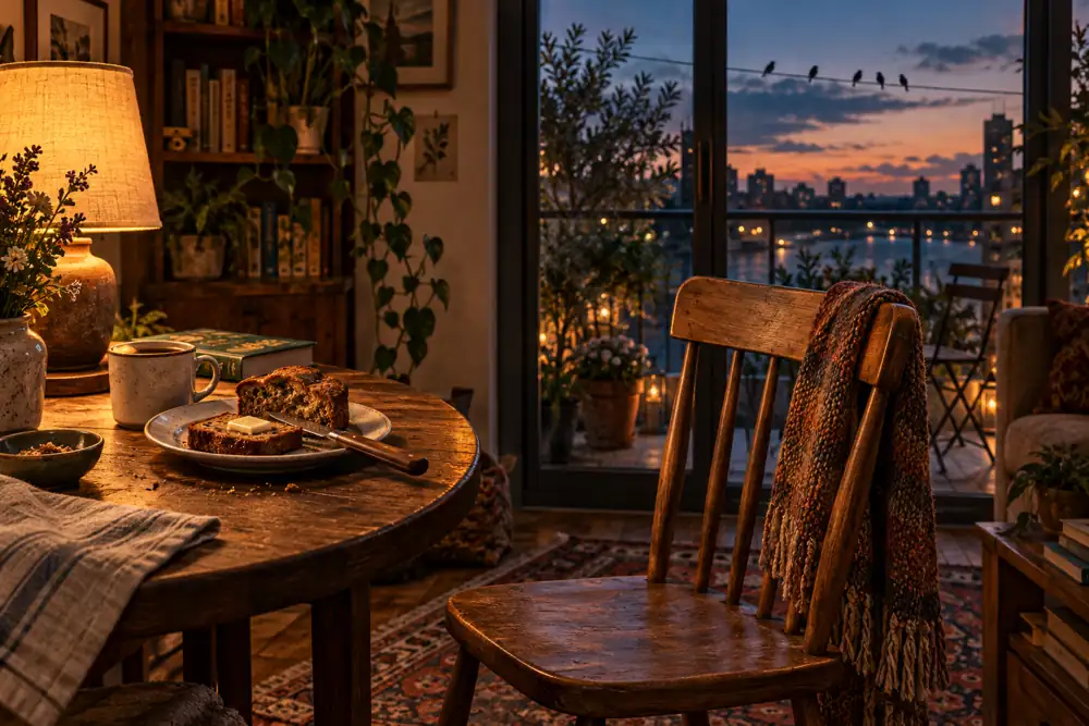 An empty wooden chair beside banana bread and lamplight, with birds on a wire beyond the balcony glass.