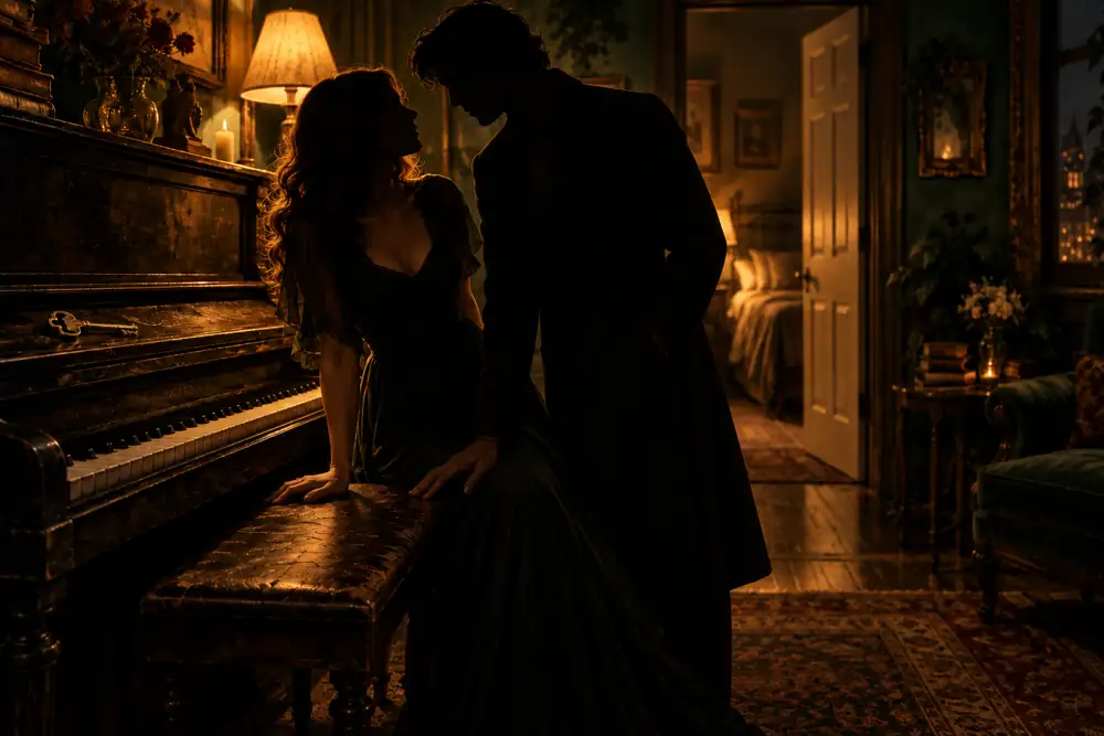 Two anonymous adult shadows, one masculine and one feminine, beside a piano in an amber-lit room with an open doorway.