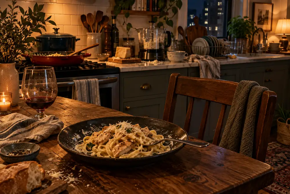 Chicken pasta on a wooden table, with a red pan, food processor and dishes in the warm kitchen behind it.