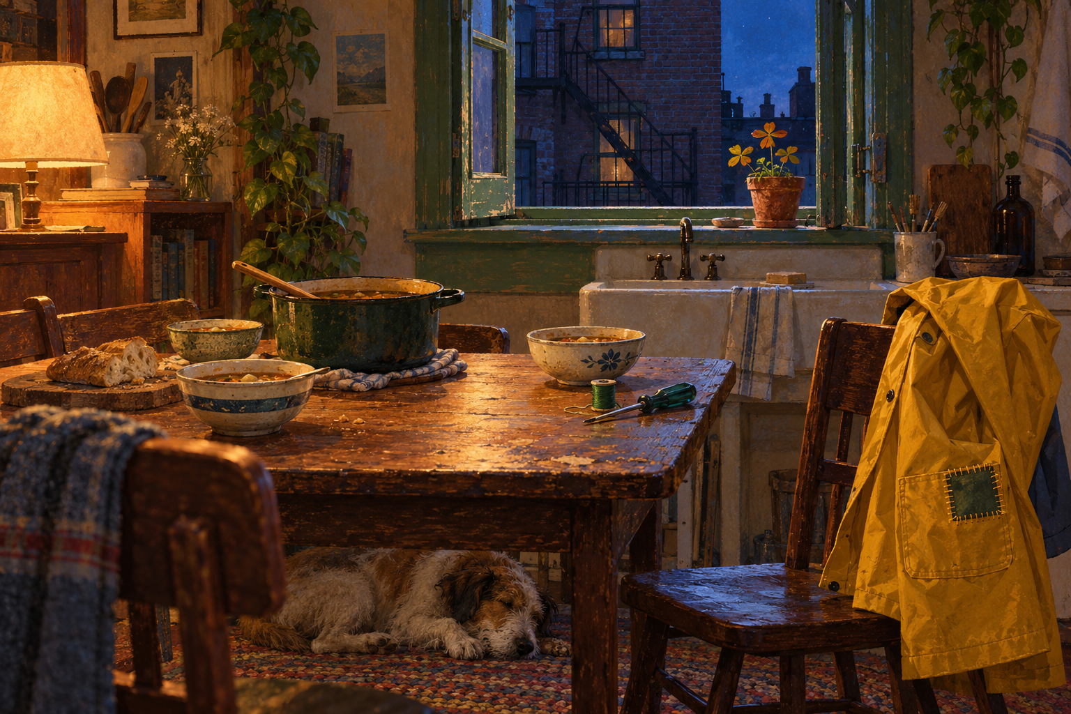 An imagined room with an open green window, soup on the table, a mended yellow coat, and a sleeping dog.