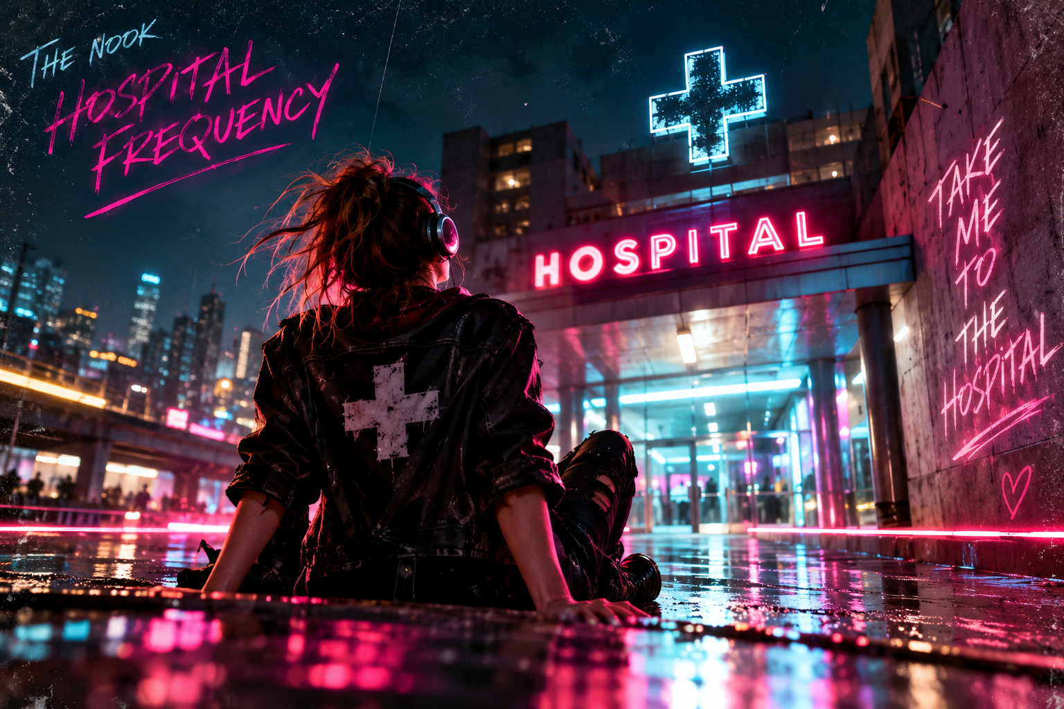 The Nook — Hospital Frequency: a headphone-wearing figure outside a neon pink and cyan hospital at night, reflected in wet pavement. The artwork reads Take Me to the Hospital.