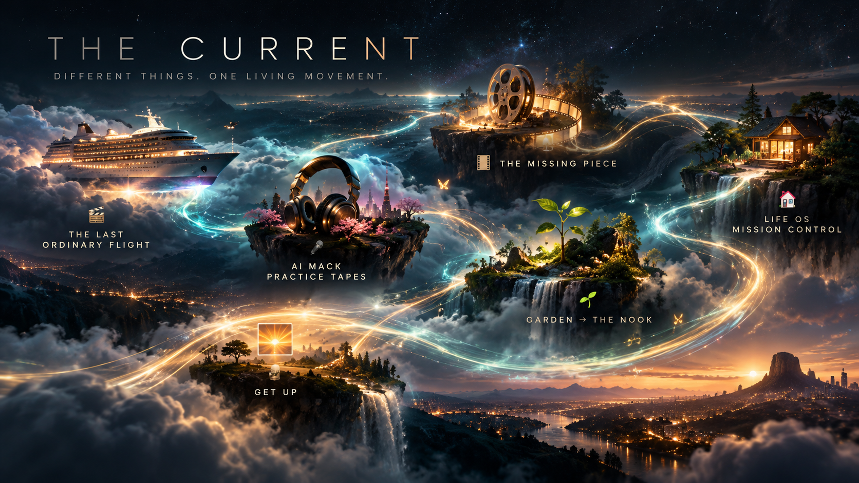 A cinematic night sky over floating islands: a flying ship, headphones, a film reel, a warm house, a garden and a sunrise, joined by glowing amber and blue streams.