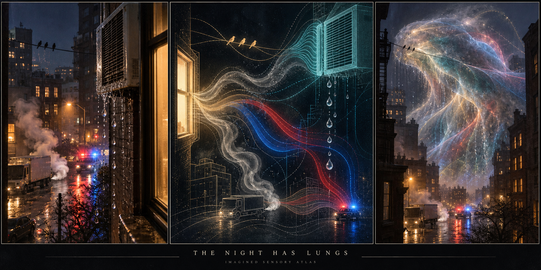 Triptych showing a wet night street, its imagined sensory score, and an atmospheric alien made from light and exhaust.