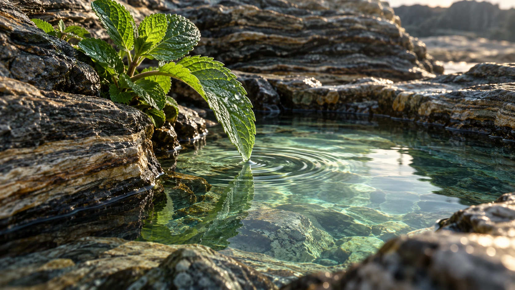 Feeling Contagious, mint leaves reaching into rippling green water.