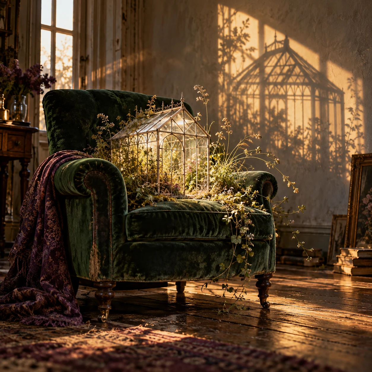An imagined hunter-green velvet chair holding a small glass greenhouse, with amber afternoon light across the wall.