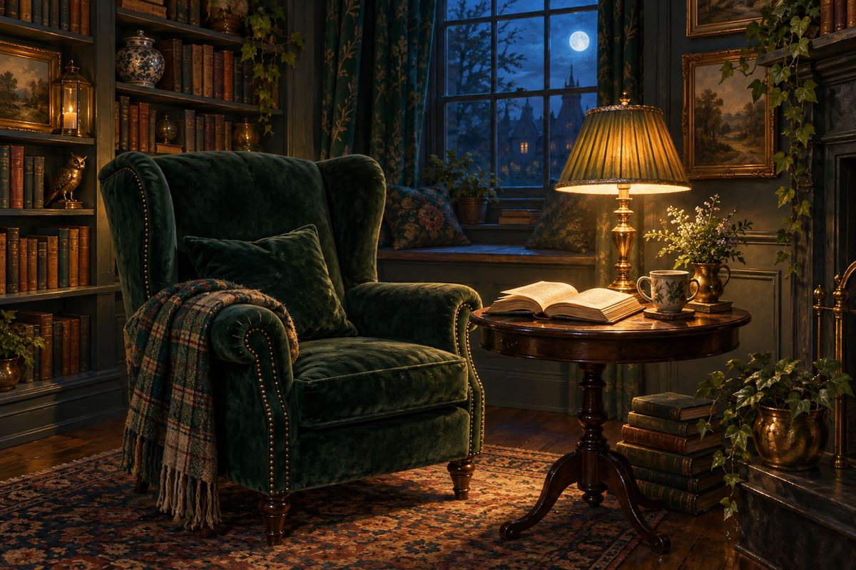 An imagined green reading chair beside an open book and warm brass lamp.