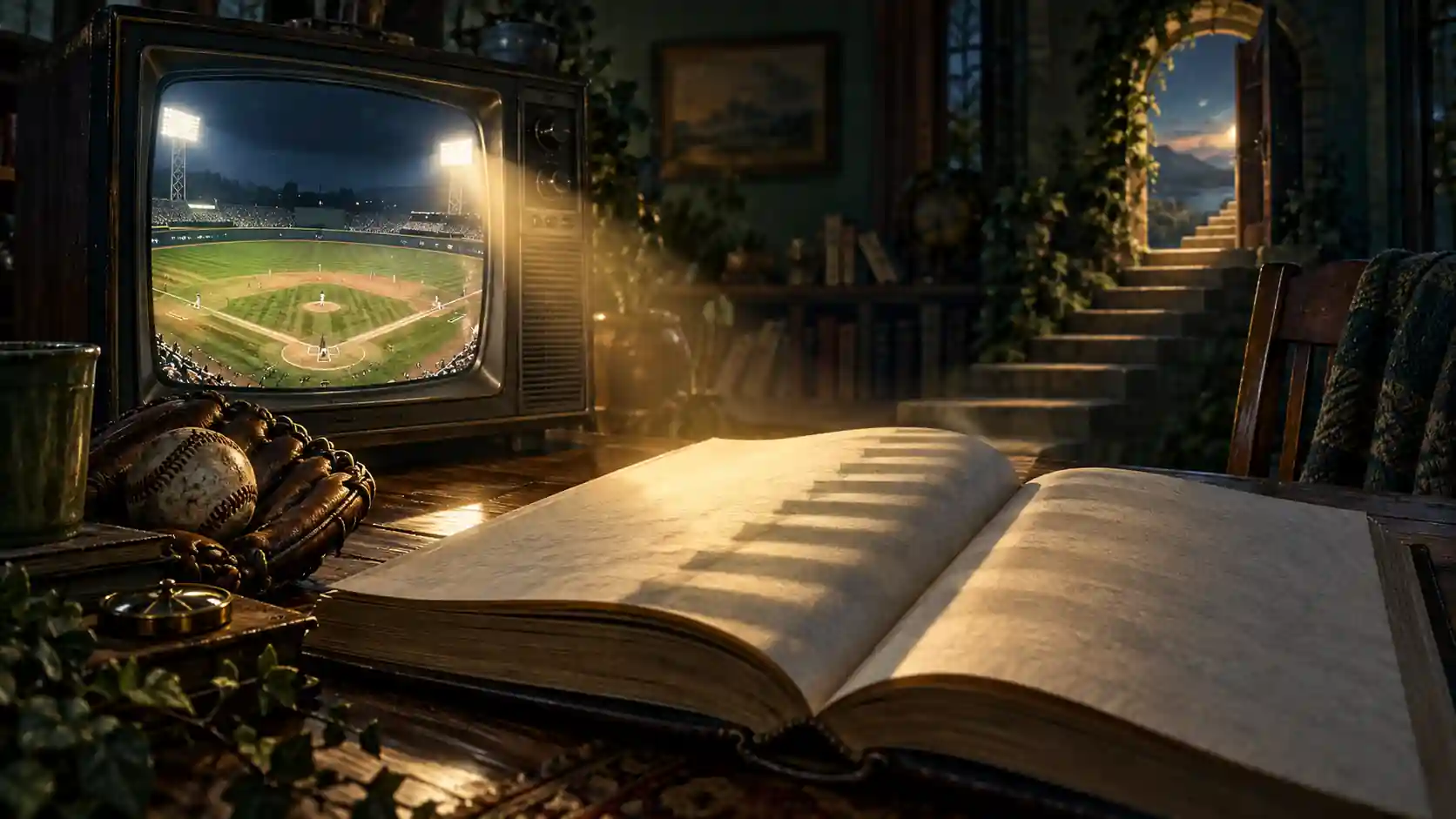 The Books Take Notes: an imagined open book catches warm lamplight beside a baseball broadcast, with green vines and a stairway beyond.